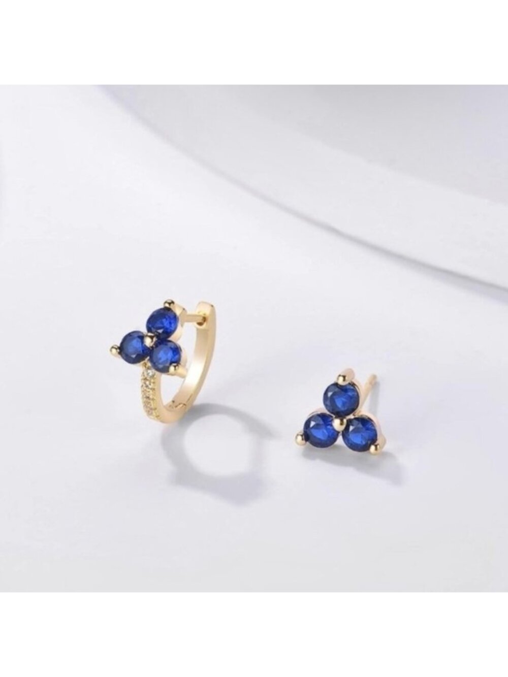 14k Gold Plated Blue Cubic Zirconia Stud Earring Set | Hypoallergenic - Picture 2 of 3